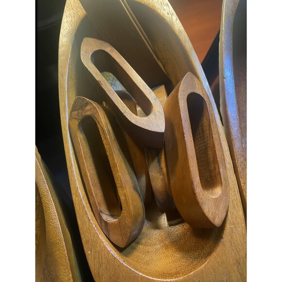 Vintage 6 Wooden Salad Bowl Set with 6 Napkin Rings Midcentury Oblong Bowls - Picture 9 of 11